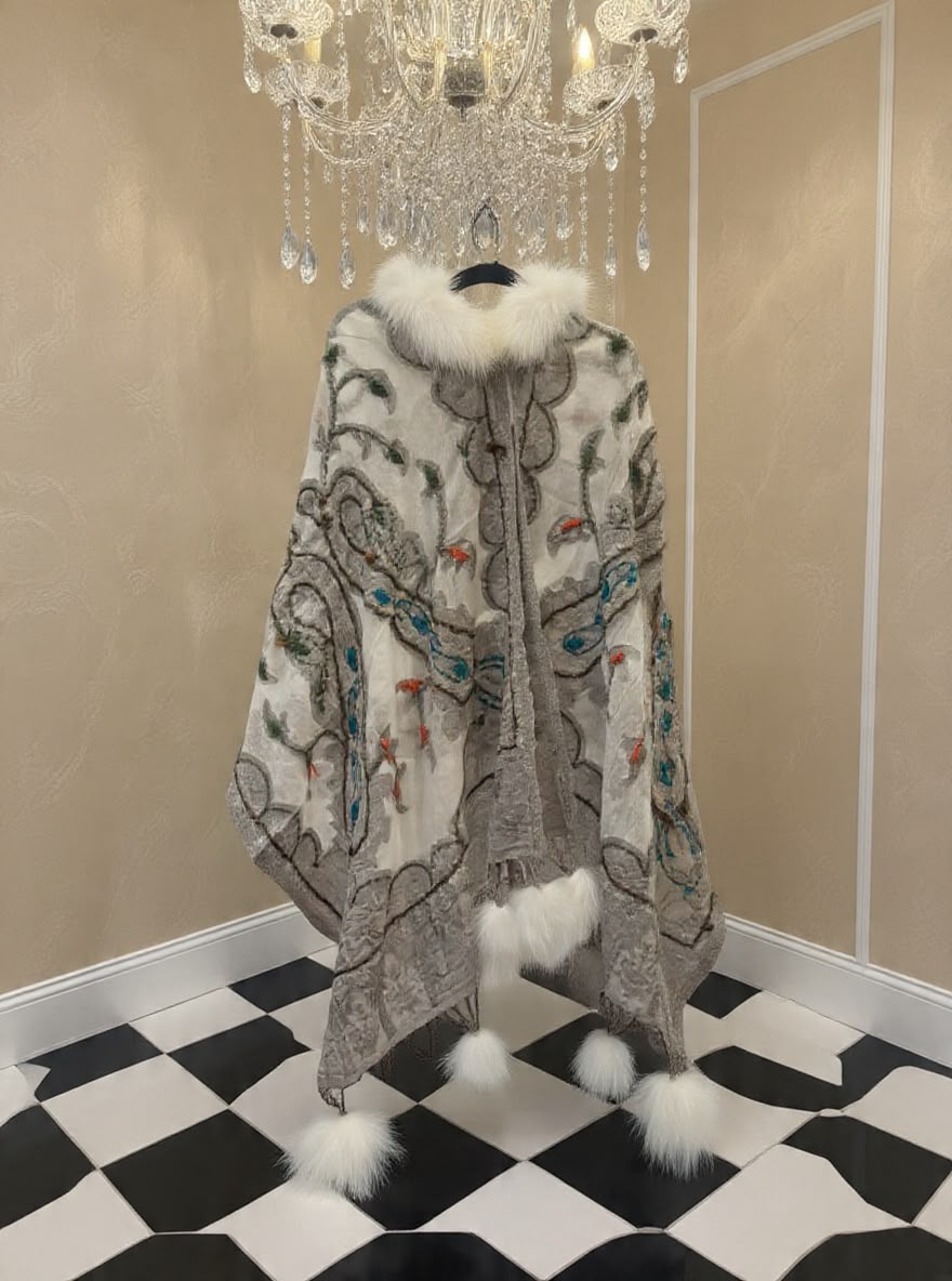 Handcrafted Kashmiri Embroidered Shawl With Plush Trim - view 2