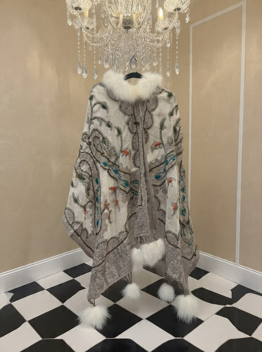 Handcrafted Kashmiri Embroidered Shawl With Plush Trim - view 2