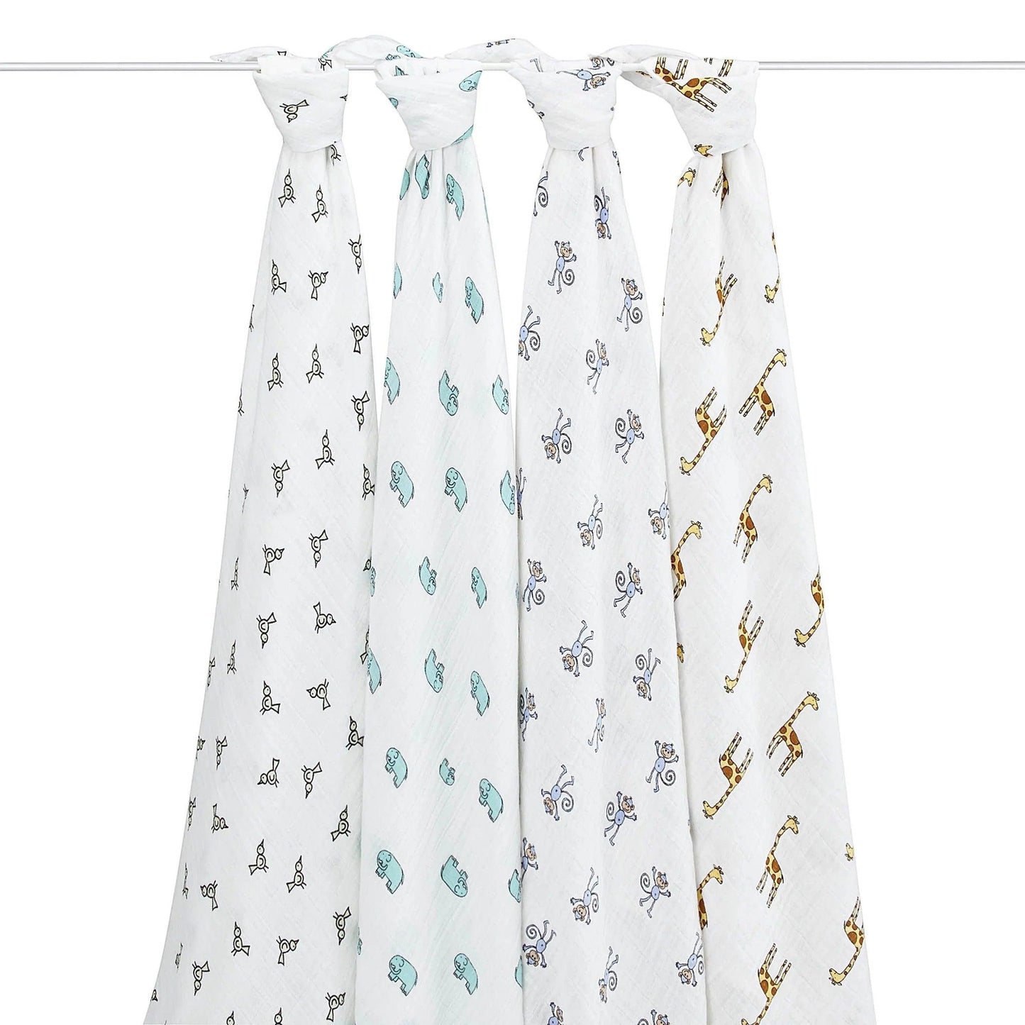 Eclectic Aden + Anais Jungle Jam cotton muslin swaddle blankets with playful animal prints hanging on a rack