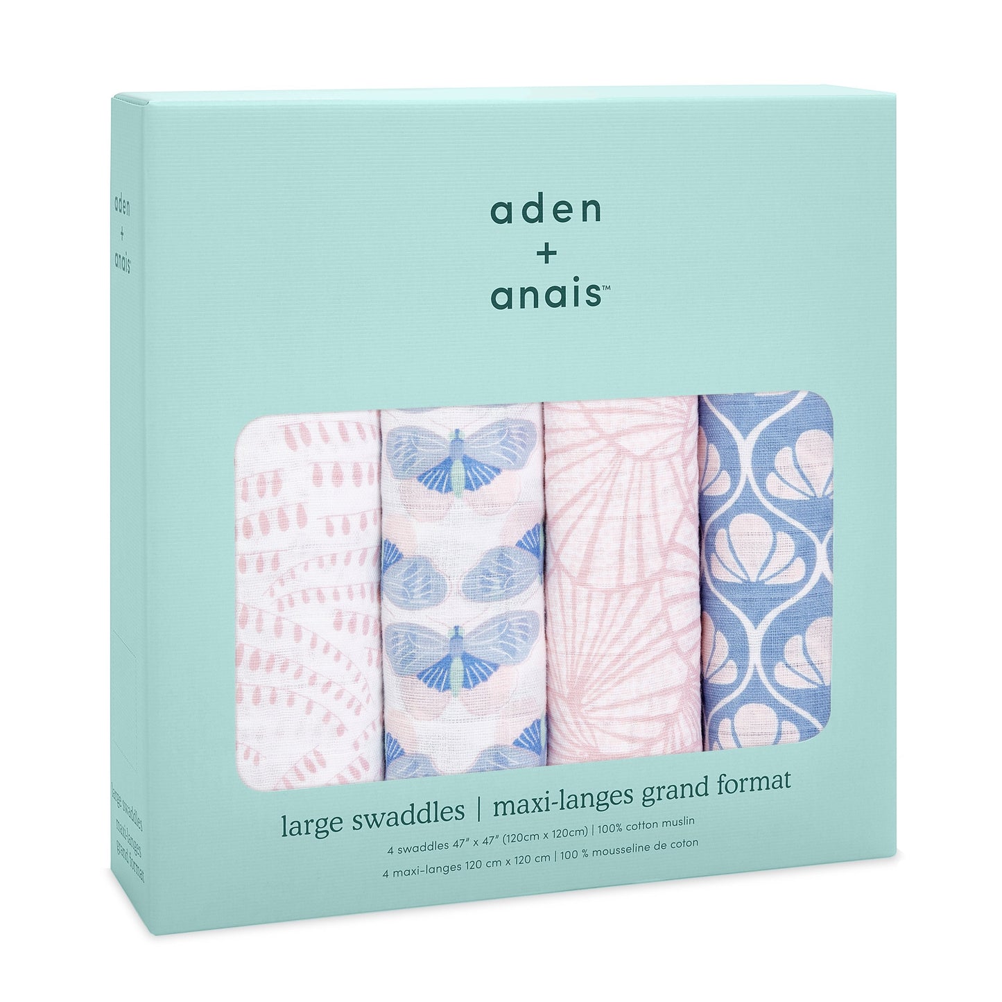 Eclectic Aden + Anais Deco muslin swaddle blanket set of 4 in a light blue gift box with patterned cotton fabrics