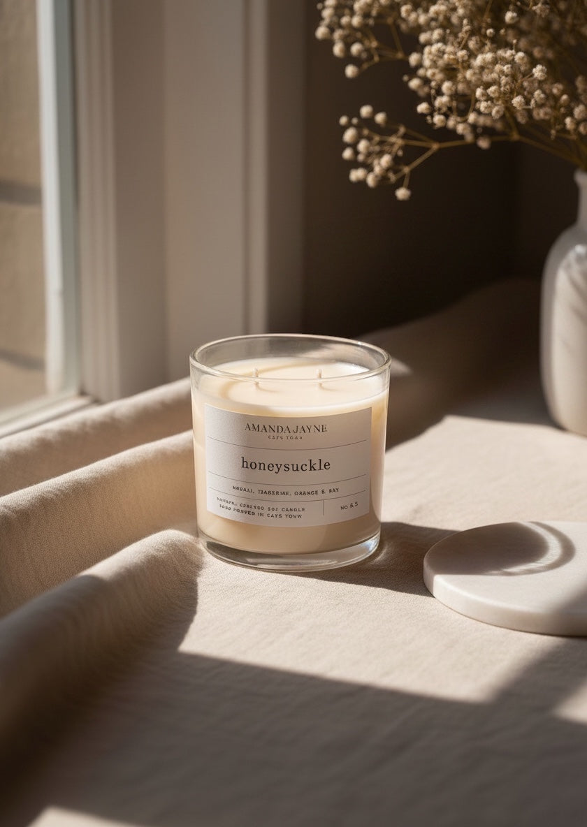 Eclectic Amanda Jayne honeysuckle soy candle in a glass tumbler with double wicks on a neutral linen surface