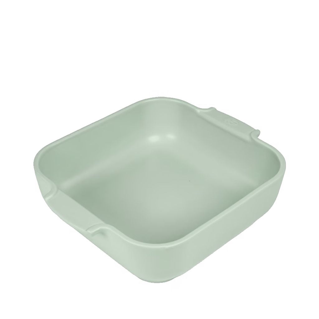 Eclectic Appolia square ceramic oven dish in sage green with ribbed handles for easy grip and oven-to-table serving.