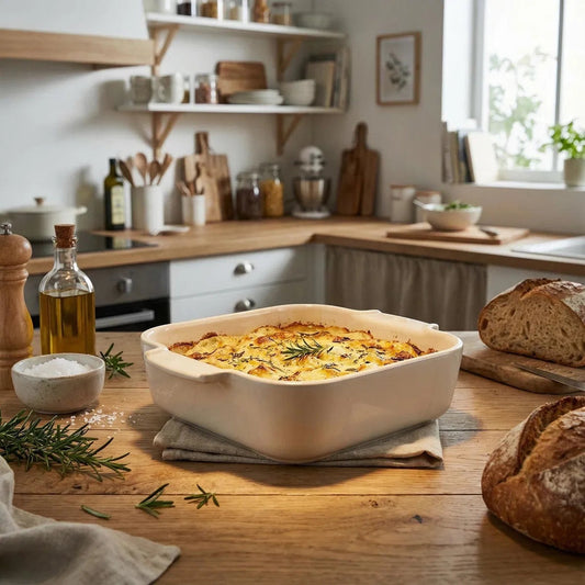 Eclectic Appolia square ceramic oven dish in ecru cream filled with a baked potato gratin on a rustic wooden table.