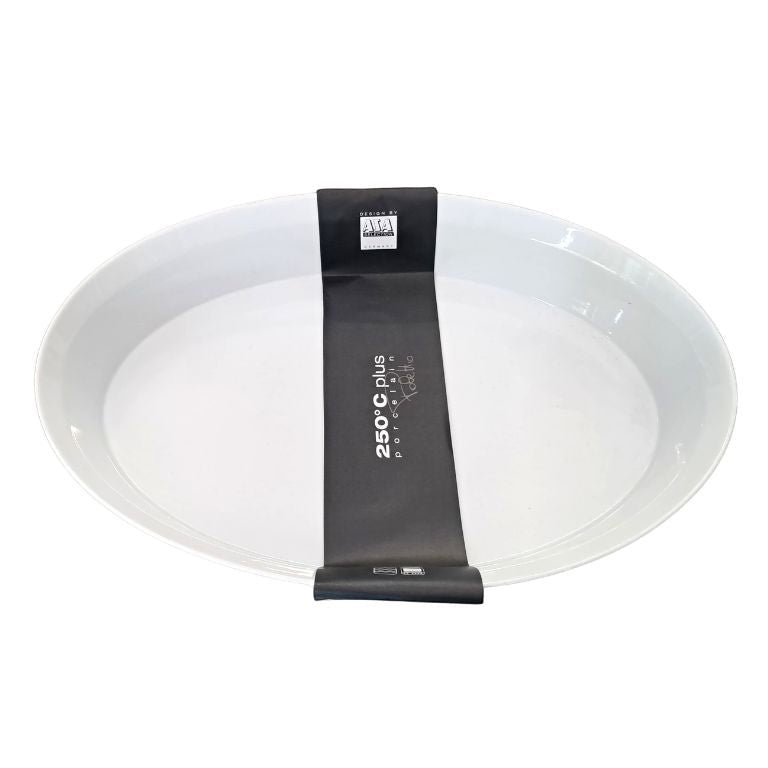 Eclectic ASA Selection 250°C Plus Poletto white porcelain oval roasting and gratin dish with black branding band.