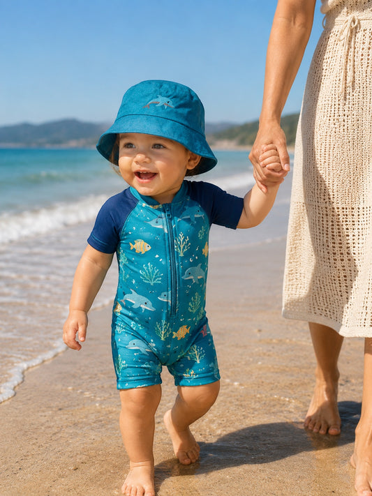 Eclectic Bantwana blue cotton bucket hat with dolphin embroidery worn by a toddler on a sunny beach