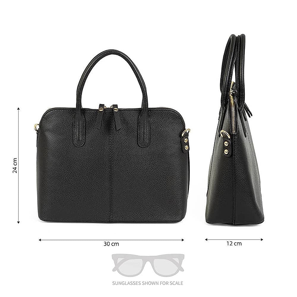 Eclectic Bella black structured Italian leather handbag with top handles and silver hardware, front and side view