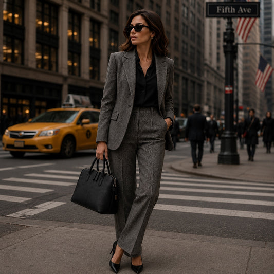 Eclectic Bella black structured Italian leather handbag held by a woman in a grey suit on a city street.