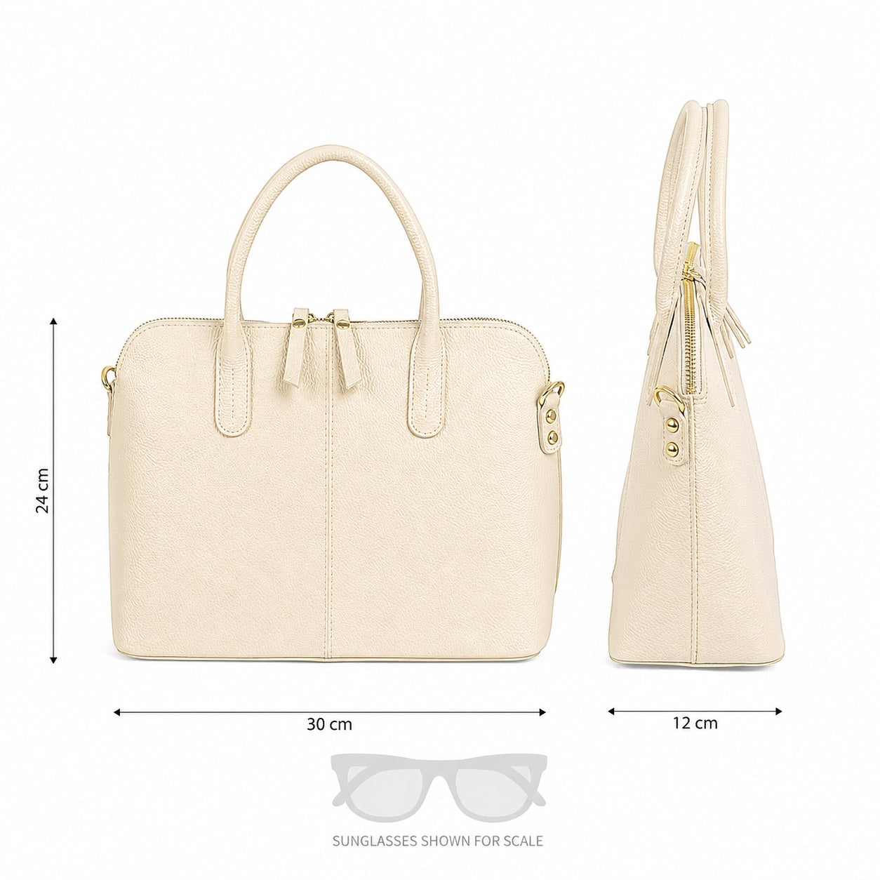 Eclectic Bella structured cream leather handbag with top handles and silver hardware, shown from front and side views.