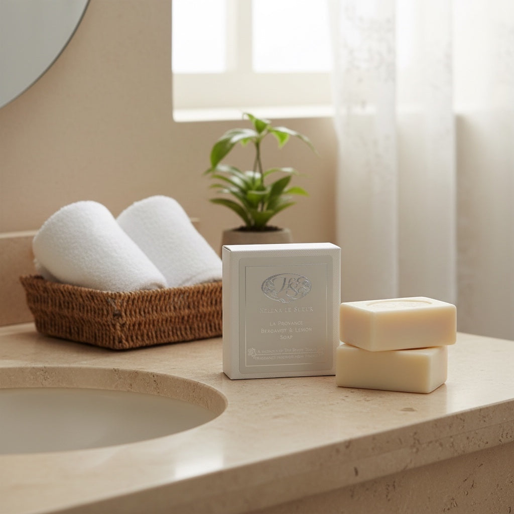 Eclectic Bergamot & Lemon luxury soap set with two ivory bars and a branded gift box on a bathroom vanity.