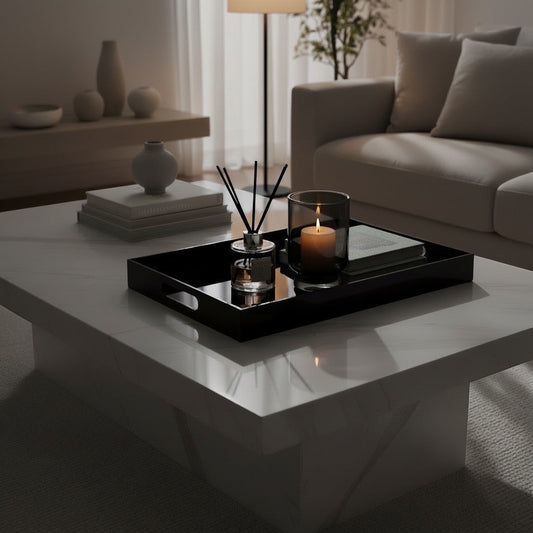 Eclectic black acrylic serving tray with a mirrored base styled with a candle and diffuser on a white coffee table