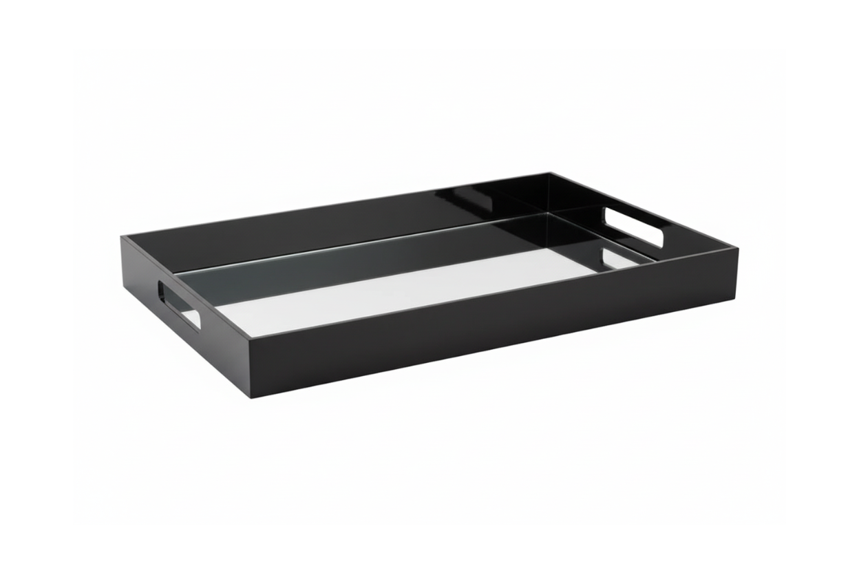 Eclectic modern rectangular black acrylic serving tray with a reflective mirrored base and integrated side handles.