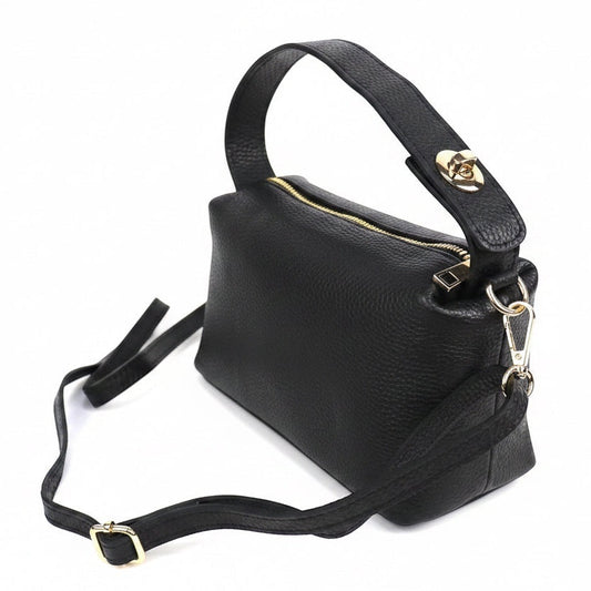 Eclectic black pebbled leather top handle crossbody bag with gold-tone hardware and twist-lock detail.