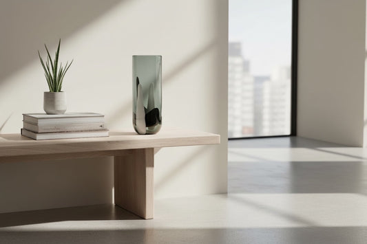 Eclectic black and white glass cylinder vase on a wooden bench in a bright, minimalist room.