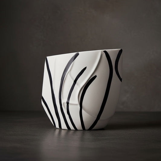 Eclectic black and white ceramic vase with a modern reed pattern and curved silhouette on a dark surface.