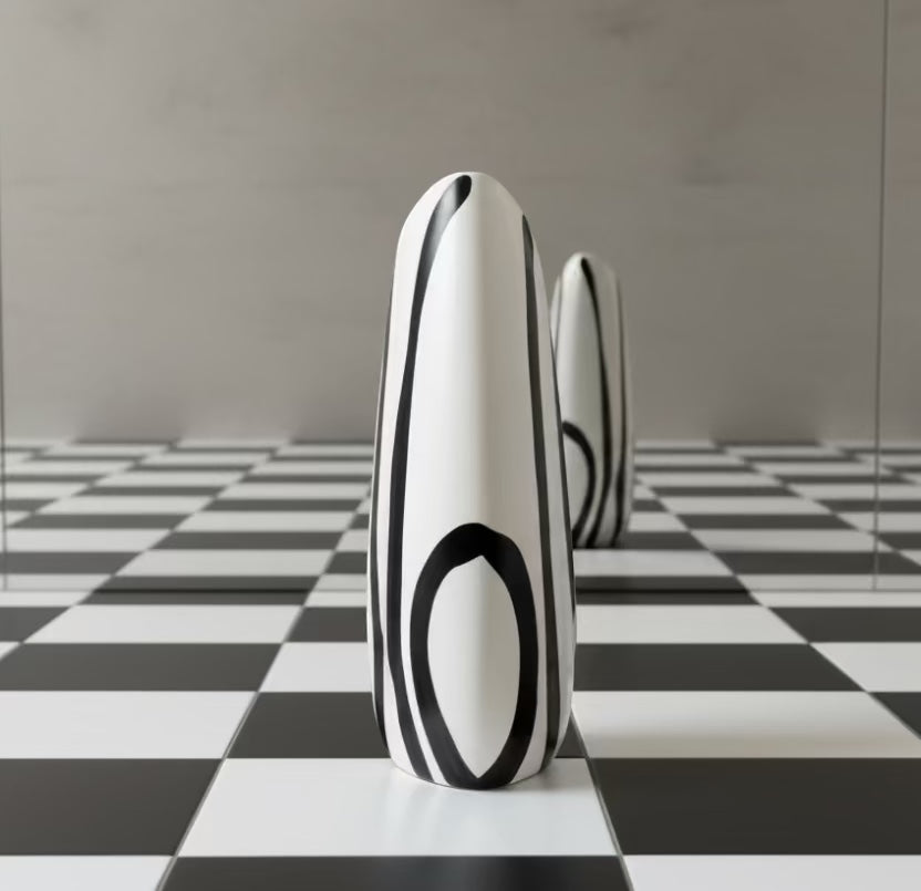Eclectic black and white ceramic vase with a reed pattern, featuring a curved silhouette on a checkered surface.