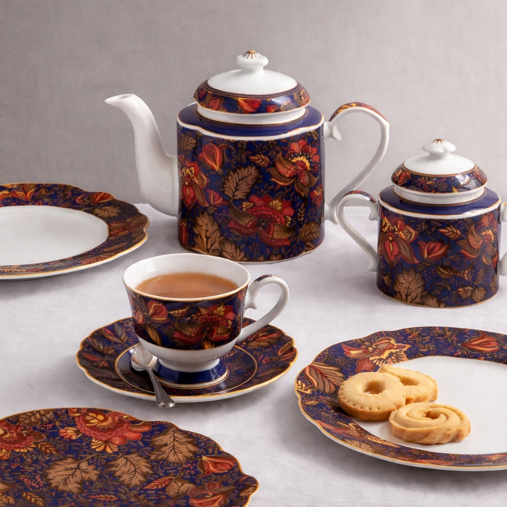 Eclectic Blue Fern collection tea set featuring navy porcelain teapot, sugar bowl, teacup, and plates with floral motifs.