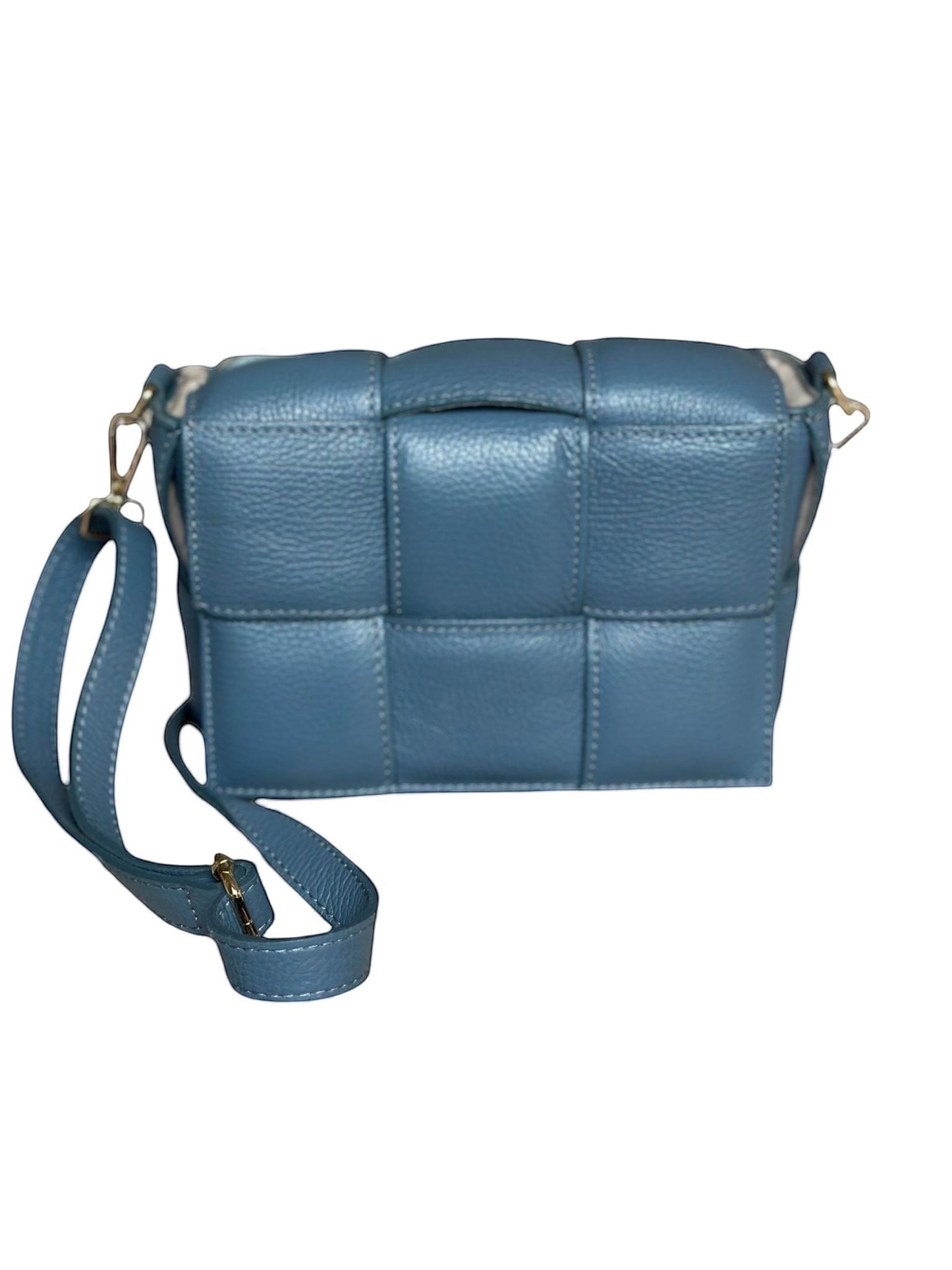 Eclectic blue padded woven leather box crossbody bag with gold-tone hardware and adjustable strap.
