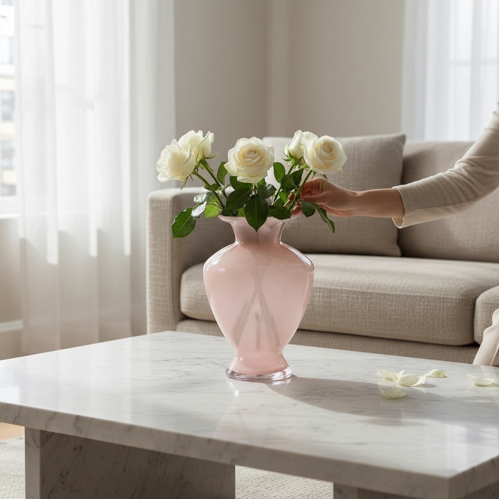 Eclectic blush pink glass vase with a flared rim and white roses on a marble coffee table in a bright living room