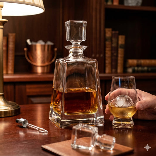 Eclectic Bohemia Crystal Napoleon spirit decanter filled with amber whisky on a wooden desk next to a glass