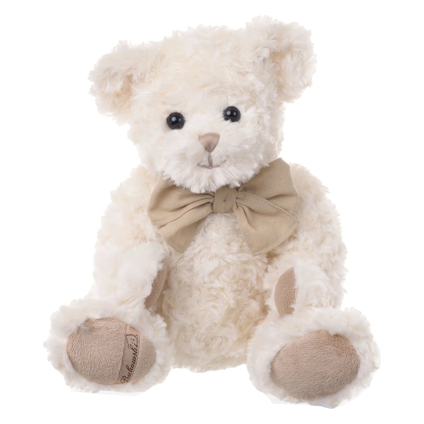 Eclectic Bukowski Bears Noah teddy bear in soft cream plush fur with a tan bow, sitting against a white background.