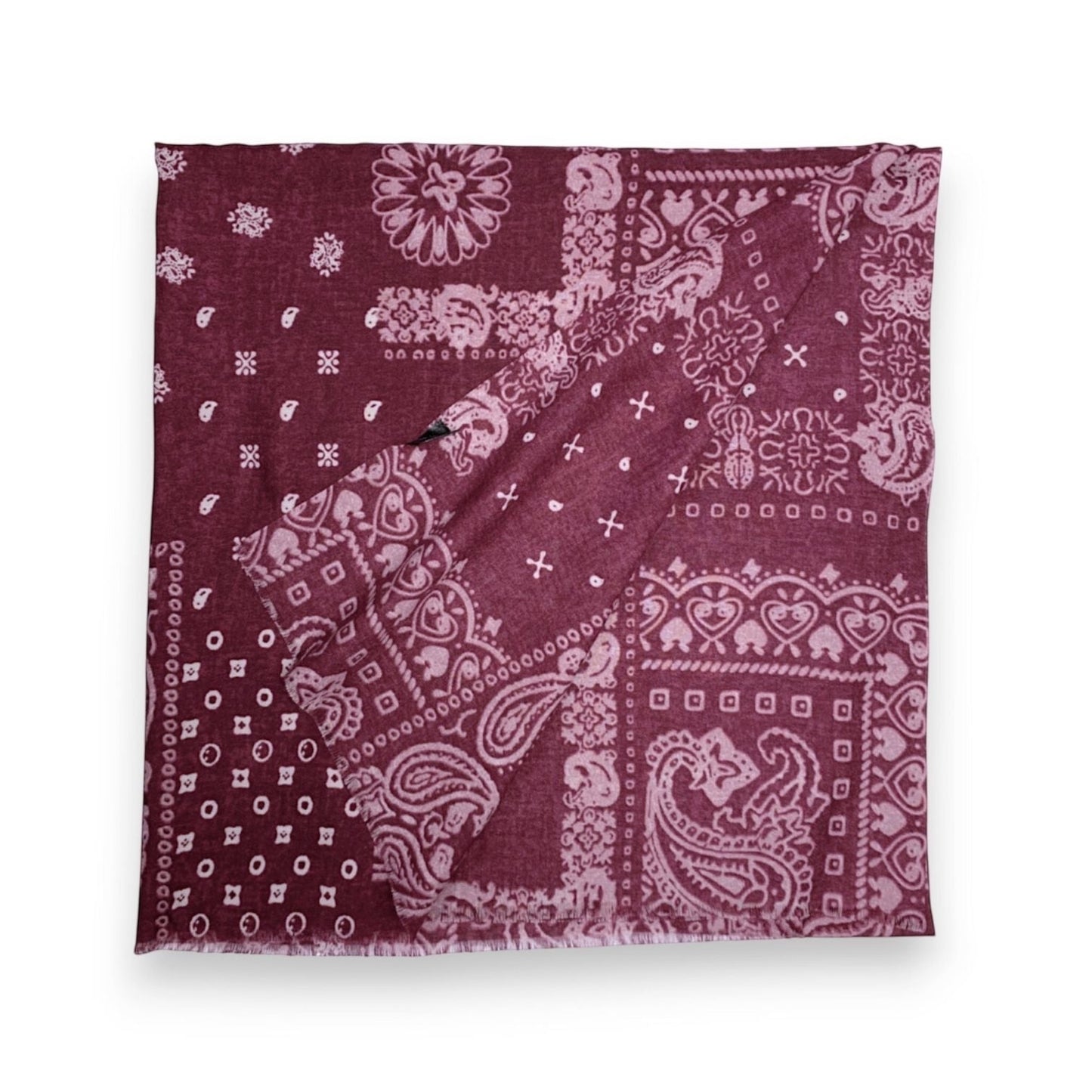Eclectic burgundy wool blend scarf featuring a cream oversized bandana paisley print in a soft lightweight fabric.