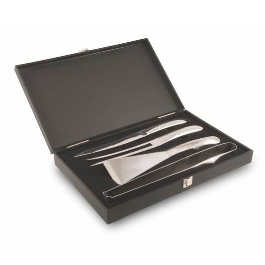 Eclectic Capri stainless steel braai tool set including knife, fork, tongs, and spatula in a black wooden storage box.