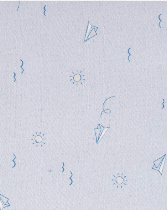 Eclectic Carter’s cotton muslin swaddle in soft blue with a dreamy flight paper plane and sun print pattern