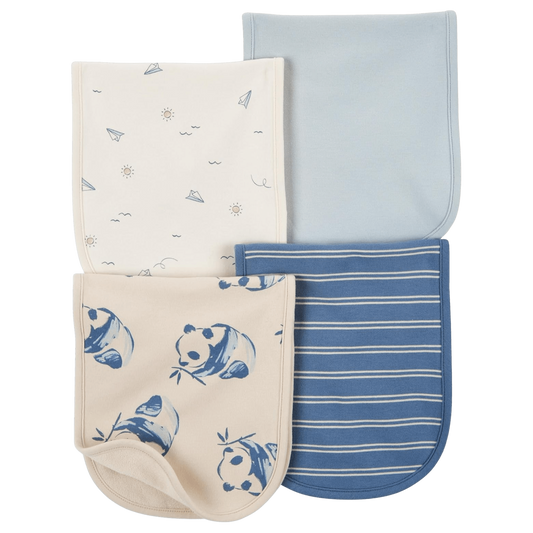 Eclectic Carter’s set of four soft cotton burp cloths in ivory and blue with paper plane, panda, and stripe prints.