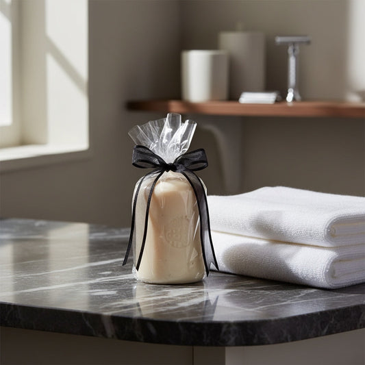 Eclectic Crown Embossed Edwardian Soap wrapped in cellophane with a black ribbon on a marble bathroom counter.