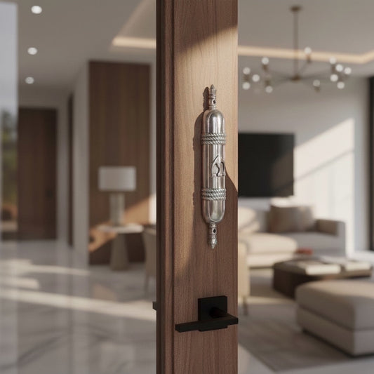 Eclectic Diana Carmichael Noble Mezuzah case in polished pewter mounted on a wooden doorframe with African-inspired design.