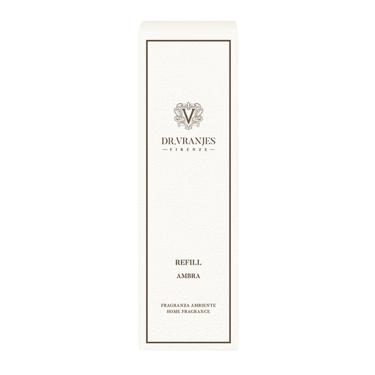 Eclectic Dr Vranjes Ambra home fragrance diffuser refill bottle in elegant white packaging