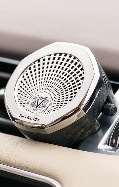 Eclectic Dr Vranjes chrome car air vent diffuser with an octagonal design inspired by Florentine architecture.