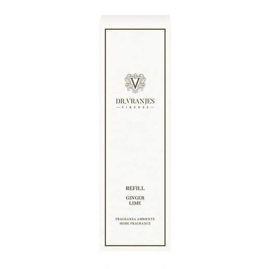 Eclectic Dr Vranjes Ginger Lime diffuser refill bottle in white packaging with elegant branding