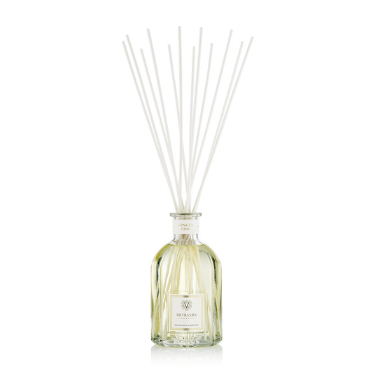 Eclectic Dr Vranjes Ginger Lime reed diffuser in a clear glass bottle with natural sticks against a black background