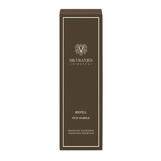 Eclectic Dr Vranjes Oud Nobile diffuser refill box in dark brown with elegant white branding and text.