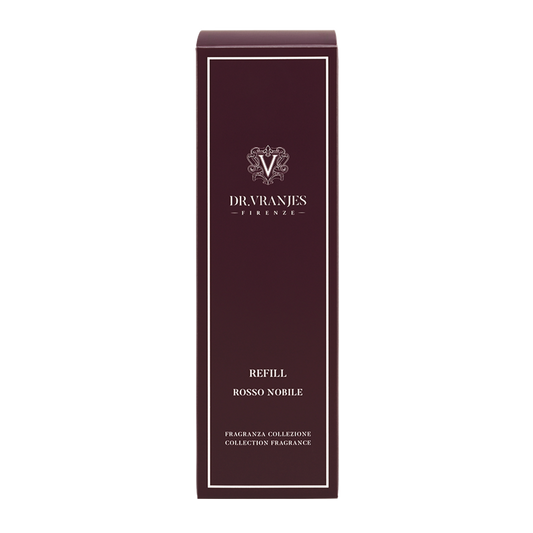 Eclectic Dr Vranjes Rosso Nobile diffuser refill box in deep burgundy with elegant white branding and text