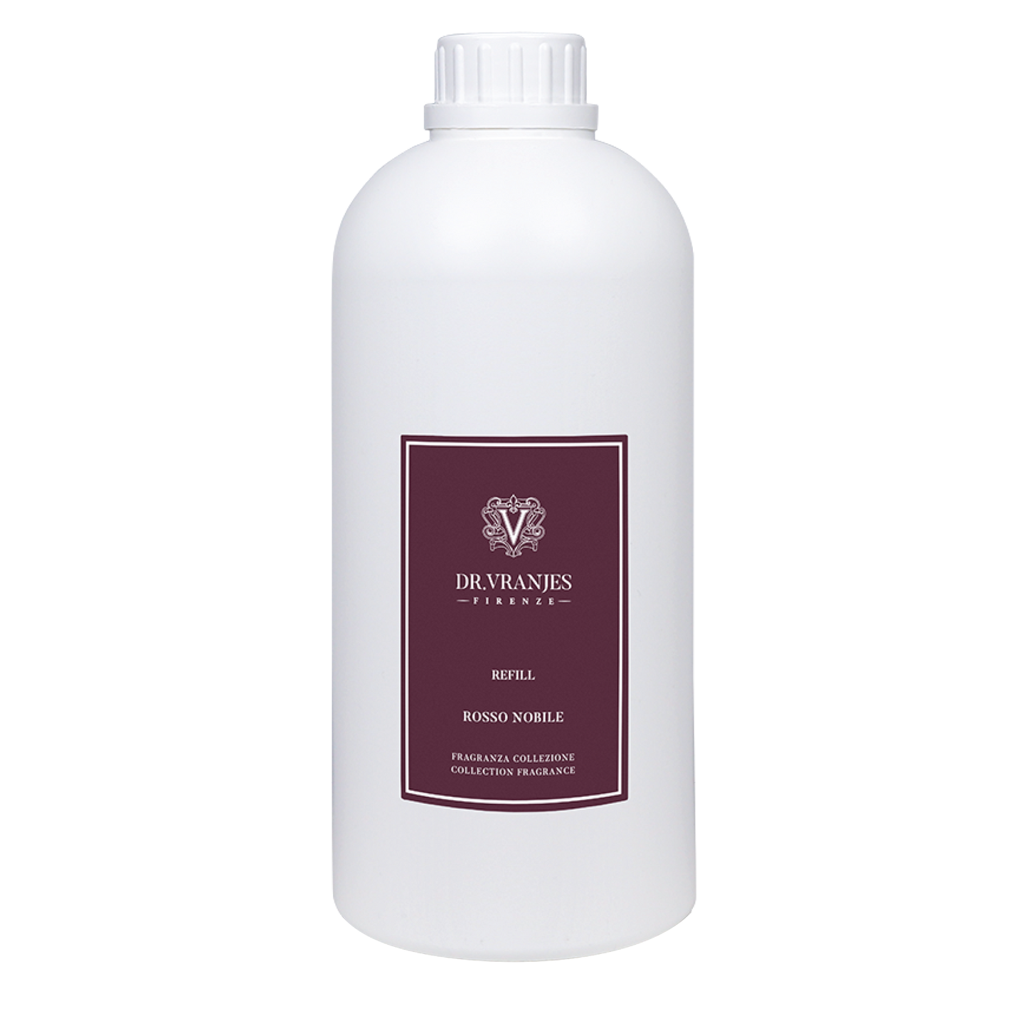 Eclectic Dr Vranjes Rosso Nobile diffuser refill bottle with a deep red label on a white plastic container.