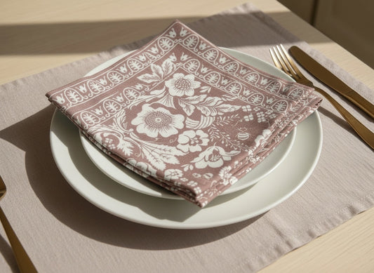 Eclectic dusty pink napkin with white botanical floral print on a white plate with gold cutlery on a table setting.
