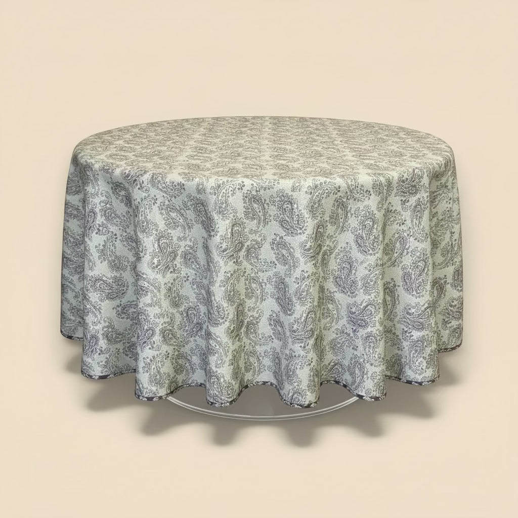 Eclectic round tablecloth in dusty plum with a detailed paisley pattern and a soft linen-look finish.