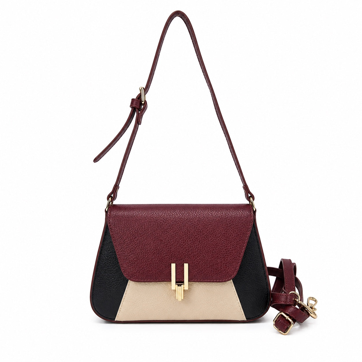 Eclectic Firenze tricolour grained leather crossbody bag in burgundy, black, and cream with gold-tone hardware.