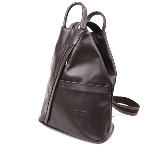 Eclectic Florenza large dark brown leather backpack with convertible zip straps for shoulder or crossbody wear.