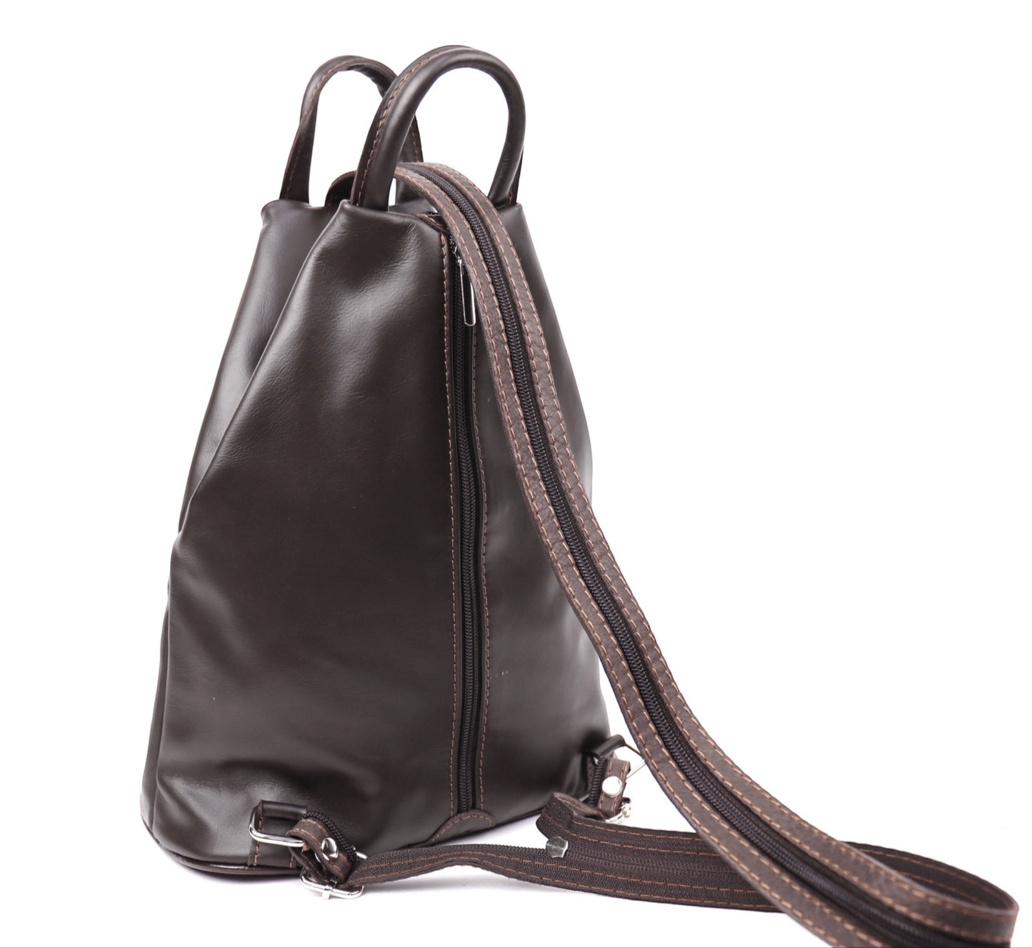 Eclectic Florenza dark brown leather convertible backpack with zip strap for shoulder or crossbody wear.