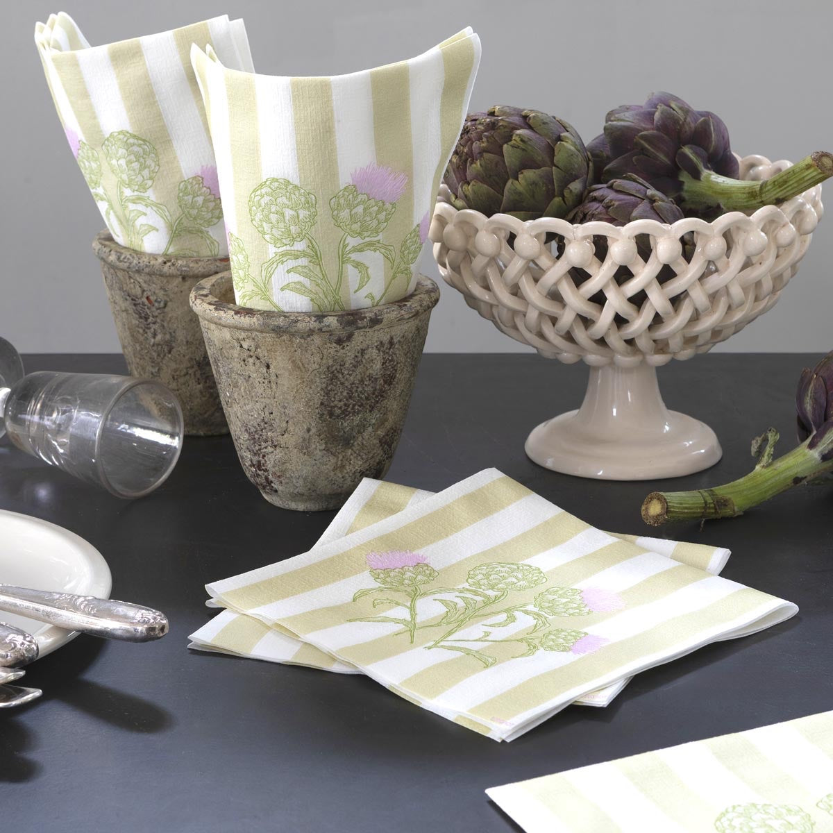 Eclectic Françoise Paviot Artichaut napkins with green artichoke botanical print on striped airlaid paper
