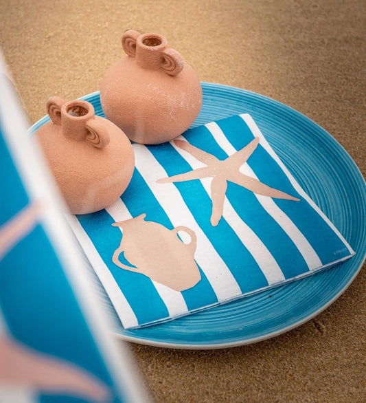 Eclectic Françoise Paviot Transat Bleu dinner napkin with blue and white stripes on a plate with terracotta vases.