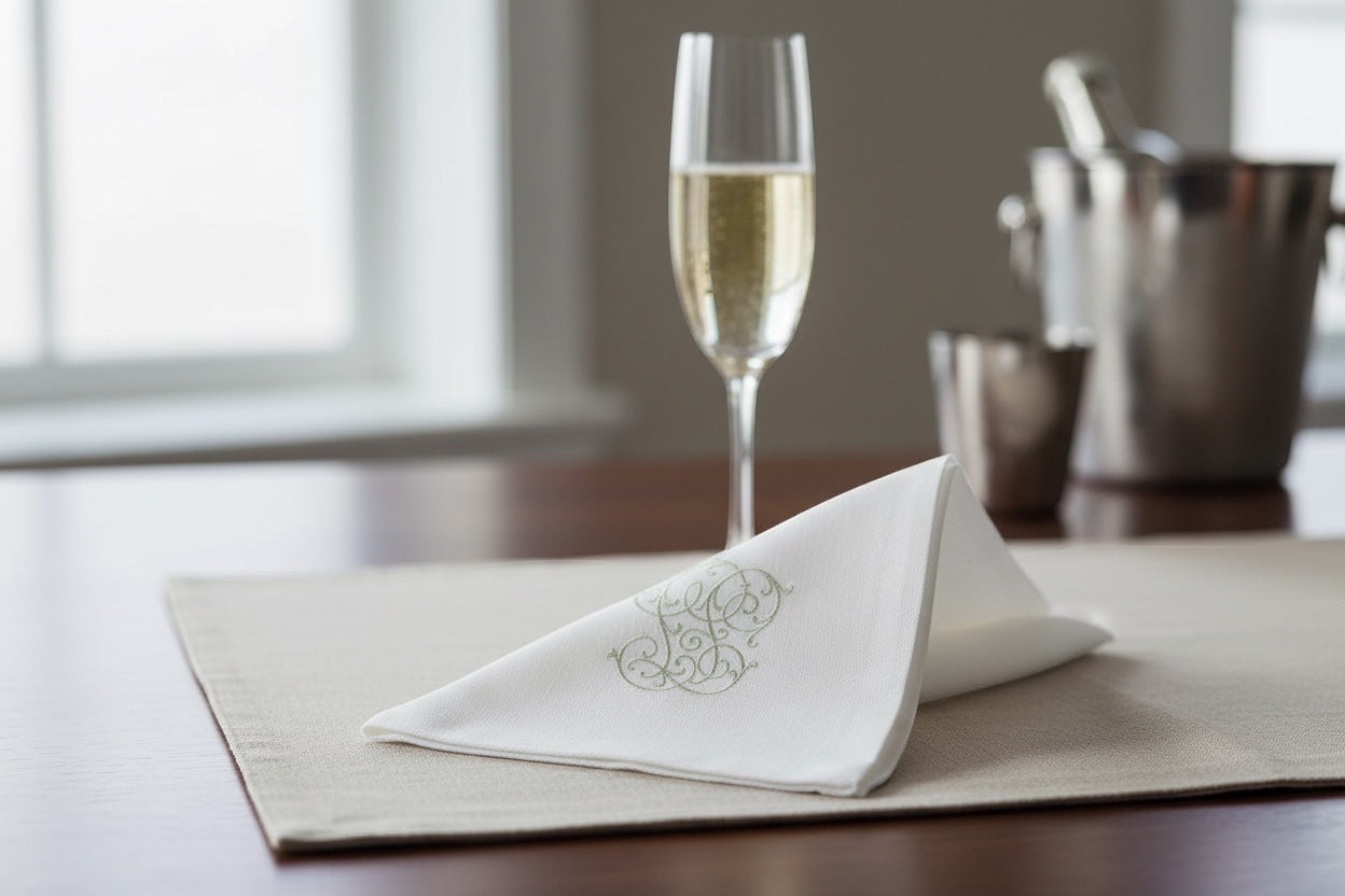 Eclectic Françoise Paviot Chiffre Argent cocktail napkin with silver monogram on a table with a champagne flute