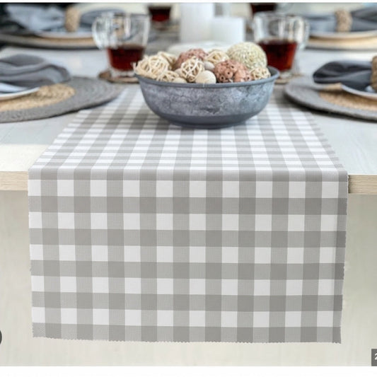 Eclectic Françoise Paviot Bistrot Gris grey and white gingham table runner roll on a dining table setting