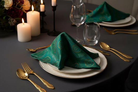 Eclectic Françoise Paviot Paon dinner napkins with emerald and teal peacock feather design and gold accents on a table