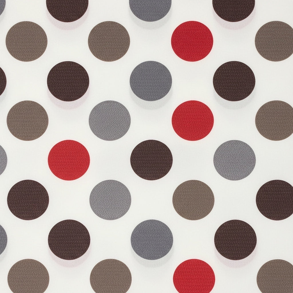 Eclectic Françoise Paviot Pastille Hiver table runner with red, grey, taupe, and brown polka dots on white airlaid.