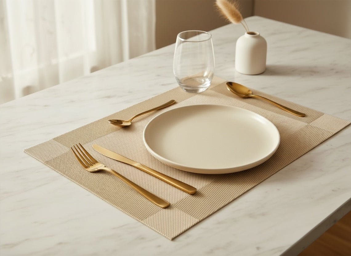 Eclectic gold woven PVC rectangular placemat set on a marble table with a white plate and gold cutlery.