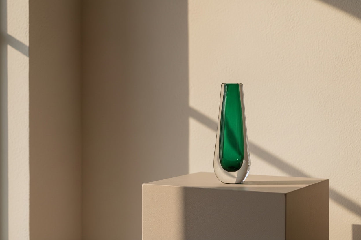 Eclectic green drop art glass vase with a layered clear exterior on a pedestal in a sunlit room.